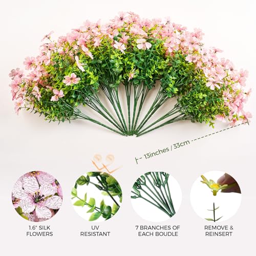 Artificial Flowers for Outdoors Patio Decoration 12 Bundles Fake Flower Cherry Blossom UV Resistant Faux Plants Yard Garden Porch Home Boxwood Planter Patio Mothers Day Decor, Light Pink Flower - color: D Light Pink Cherry Blossom 12pcs