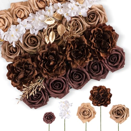 TINGE TIME Artificial Flowers Combo Set, Gradient Color Flower Leaf with Stems for DIY Wedding Bouquets Centerpieces Baby Shower Party Home Decorations (Mocha Brown) - color: Mocha Brown