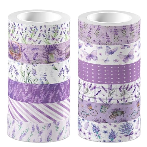 12 Rolls of Lavender Washi Tape, Purple Floral Decorative Tape, DIY Flower Butterfly Pattern Sticker for Journals, Planners, Scrapbooking, Packaging, Crafts, Party Supplies Favors