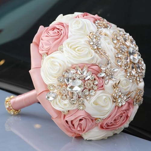 7.5in Handmade Wedding Bouquet with Luxury Gold Rhinestone Brooch Satin Rose Flower Bridal Bouquet for Bride Bridesmaid Quinceanera Wedding Bouquet Ivory and Blush Pink - color: Ivory & Blush Pink, size: Medium (DIA. 7.5"/19cm)