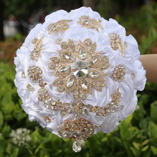 8.7in White Bridal Wedding Bouquet Handmade with Luxury Gold Rhinestone Brooch for Bride Bridesmaid Quinceanera Satin Rose Bouquet Flower Wedding White - color: White, size: Large (DIA. 8.7"/22cm)