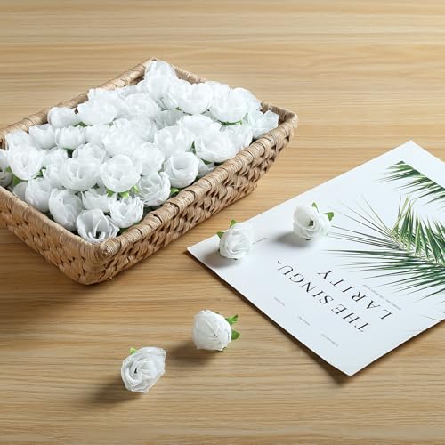 SITUMEIZI 100 Pcs 1.3 inches Mini White Rose Head White Artificial Roses Fake White Flowers for Wedding Decor, Graduation Cap, Cake, DIY Flower Wall Mother's Day Home Party Decor - color: White