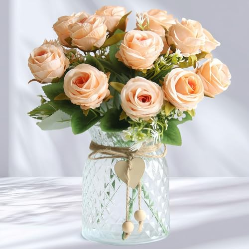 Faux Flowers in Vase, 18Pcs Fake Rose Flowers with Vase, Artificial Flowers Home Decor, Indoor Centerpiece for Living Room & Dining Table, Champagne - color: Champagne Rose