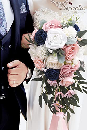 Serwalin 9.8 Inch Wedding Bouquets for Bride Bridesmaid, Pink Blue Rose Bridal Bouquets for Bride, Wedding Flowers Bouquet Tossing Bouquet, Wedding Ceremony and Anniversary Day Decor - color: Pink Blue