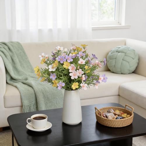 Artificial Gypsophila Baby's Breath Flowers in 6 Inch White Ceramic Vase with Faux Cosmos Arrangement, Farmhouse Table Centerpiece for Home Office Desk Décor, Mixed Color (White Pink Purple Yellow) - color: Mixed
