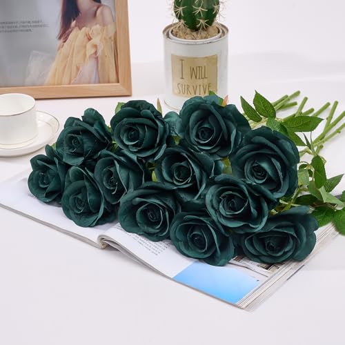 55 Pcs Emerald Green Roses Artificial Flowers Bulk, Artificial Roses Fake Flowers with Adjustable Stems, Soft Foam Roses for DIY Wedding Bouquets, Bridal Shower Centerpieces, Home Party Decor - color: Emeraldgreen