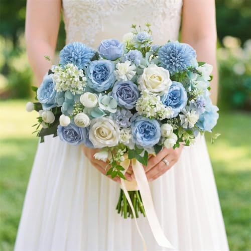 8 Pcs Mixed Artificial Peony Flowers Set-4 Bouquets & 4 Stems, Blue Fake Peony Rose Hydrangea Flowers for Vase Silk Floral Arrangements for Table Centerpiece Wedding Party Bridal Decoration Home Decor - color: Blue, size: Mixed 8pcs