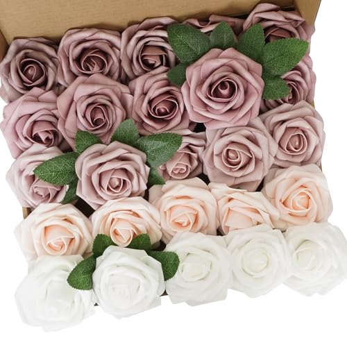 25pcs Artificial Flower Foam Rose Real Touch Roses Flower Heads with Stem for DIY Wedding Bouquets Centerpieces Arrangements Party Baby Shower Home Decor (Shades of Dusty Rose) - color: Shades of Dusty Rose