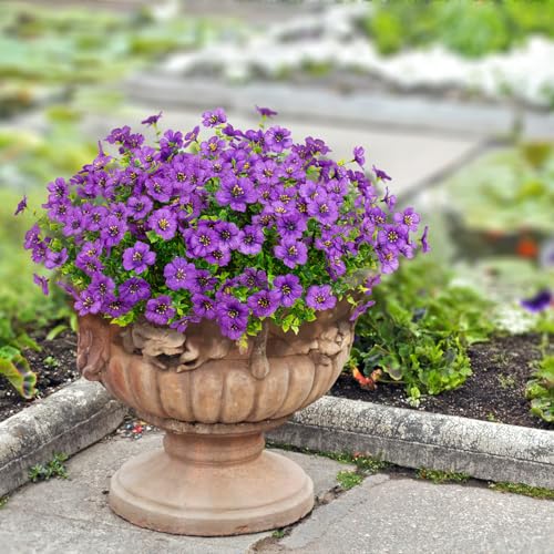 LikSoor 16 Bundles Artificial Flowers Outdoor Spring Summer Decoration Fake Silk Colorful Daisy Eucalyptus Realistic UV Resistant Outside Faux Plants for Garden Porch Window Box Home Decor (Purple) - color: Purple