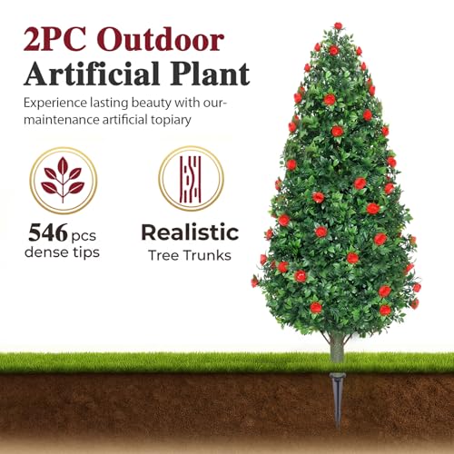 PATIO CHOICE 3ft Artificial Topiary Trees with Rose Set of 2 Outdoor Faux Plants Realistic Faux Bushes and Shrubs Decorations for Outdoor Front Porch Garden (Rose, 36in) - color: Rose, size: 3ft
