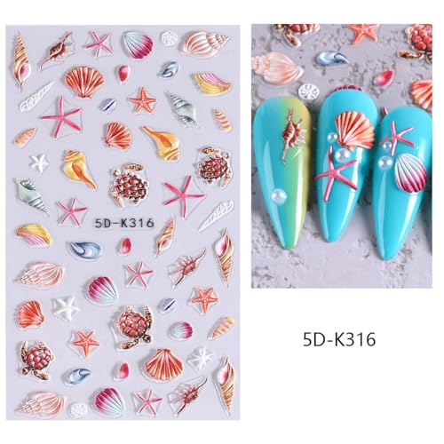 Summer Ocean Nail Decals 5D Embossed Nail Art Sticker 2PCS Beach Sea Shell Starfish Turtle Ocean Sliders Holiday Nail Stickers DIY Charms Decorations Self Adhesive Manicure Supplies - style: Style4-Summer Ocean