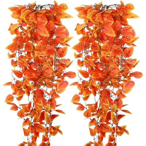 2-Pack Fake Hanging Plants, Faux Hanging Plant Artificial Greenery for Living Room Bedroom Boho Wall Shelf Indoor Outdoor Decor (Orange Pothos Ivy Vines) - color: Orange Pothos Ivy Vines
