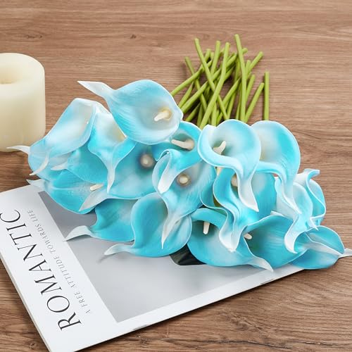 Artificial Calla Lily 12Pcs Real Touch Faux Flowers for Wedding Bouquet, Bride Bridal Shower, Spring Home Kitchen Table Decor, Fake Lilies for Centerpieces, Party Decorations (Peacock Blue) - color: Peacock Blue