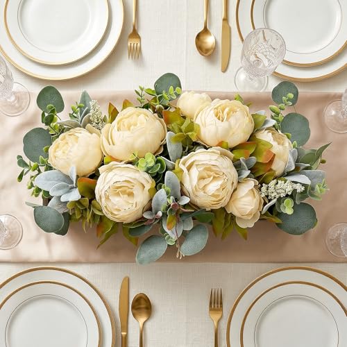 Flower Table Centerpieces for Dining Room, Summer Artificial Peony Table Centerpieces Wood Tray with Fake Flowers for Wedding Living Room Party Bar Kitchen Table(Champagne) - color: Champagne