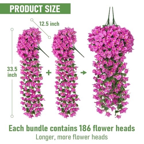 ATTGREAT Artificial Bougainvillea for Outdoors Faux Plants UV Resistant Flowers Fake Plastic Plants Realistic Silk Flowers for Porch Planter Garden Outside Hanging Decoration, 2Pcs (Purple Red) - color: Purple Red