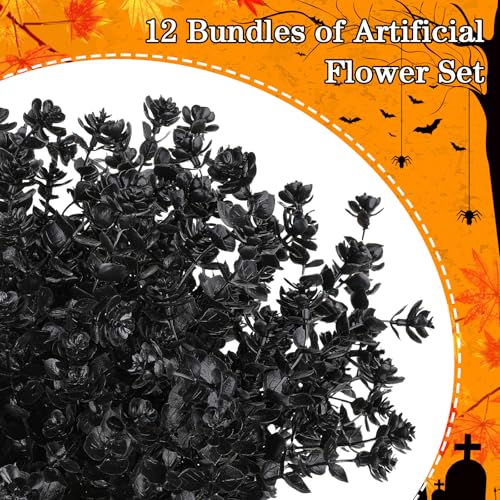AGIRL 12 Bundles Black Artificial Flowers for Outdoor,No Fade Fake Plastic Flowers Faux Plants for Halloween Decor,Hanging Planters Decoration Indoor Outside Garden Porch Window Box Home Party - color: Black, size: 12