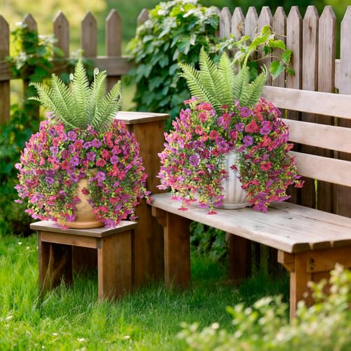 INQCMY Artificial Fake Hanging Flowers with Fake Fern for Outdoors UV Resistant Artificial Plants Spring Decor Look Real Faux Flowers for Outside Home Planter Porch Patio Decor - color: 3pcs Purple Rose,1pcs Fern