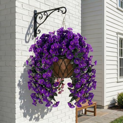 Artificial Flowers for Outdoors Fake Purple Morning Glory Hanging Flower Decoration, 2Pcs Realistic Faux Plants Petunias Long Trailing Vines,Spring Decor for Porch Patio Balcony Planter Yard - color: Morning Glory - Purple