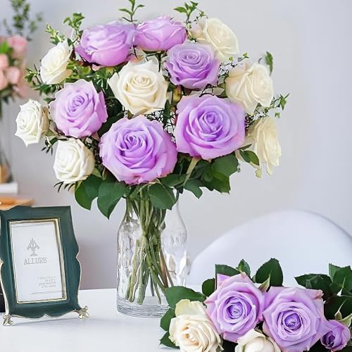 20PCS Artificial Roses with Long Stems - Realistic Silk Flowers, Fake Roses Real Touch Bouquet of Roses for Home Decor, Bridal Wedding Party Table Centerpieces, Bulk Faux Rose Flowers (White Purple) - color: White&purple, size: 20 PCS