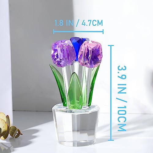 Qianwei Crystal Tulips Flowers Figurine Colorful with Vase - Glass Flower Bouquet Collectible Figurines Crystal Office Home Decor Paperweight - Tulip Gifts for Women Mom Bestfriend Wedding Anniversary - color: Pink Blue Purple Tulip