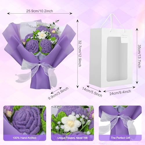 Crochet Flowers Bouquet, Handmade Knitted Rose Bouquet with Gift Bag for Home Deocor, Crocheted Finished Flower for Wedding, Mother's Day, Teachers' Day and Valentine's Day, Purple - color: Purple