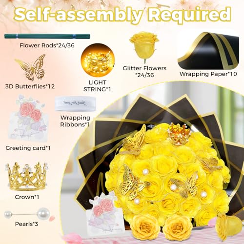 Yellow Glitter Roses Bouquet, 24 Pcs Shiny Glitter Flowers Bouquet, Everlasting DIY Artificial Roses Bouquet for Christmas, Birthday, Anniversary, Wedding, Engagement - color: Yellow-a, size: 24 PCS