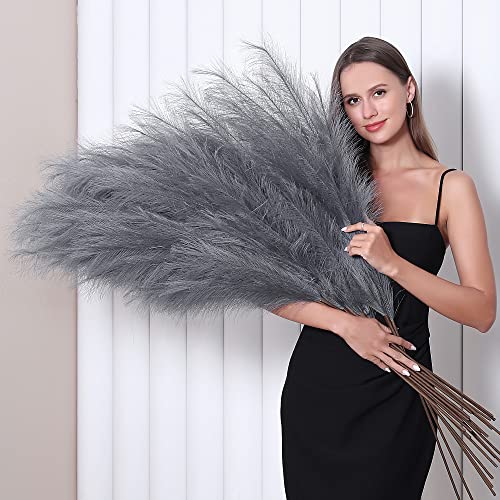 Wertuirk 8 Pcs 45 inch Tall Faux Pampas Grass Decor, Large Artificial Grey Pompous Grass Bulk, Long Fake Pompas for Floor Vase Filler, Wedding, Baby Shower, Home and Boho Decor (Grey) - color: Grey