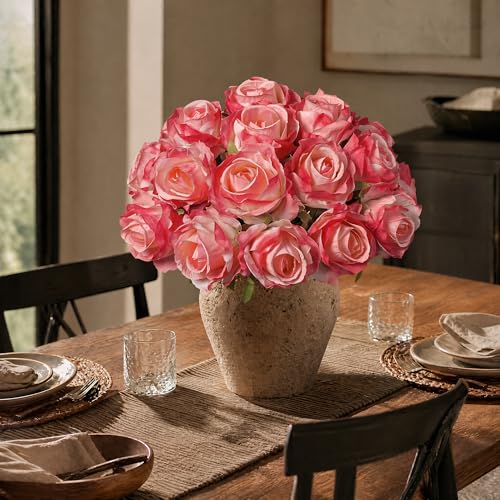Ivydale 18pcs Coral Roses Artificial Flowers, Fake Roses Silk Flowers with Stems Realistic Bouquet for Mother's Day Wedding Party Home Decoration DIY Centerpiece Floral Romantic Gifts - color: Rose-coral