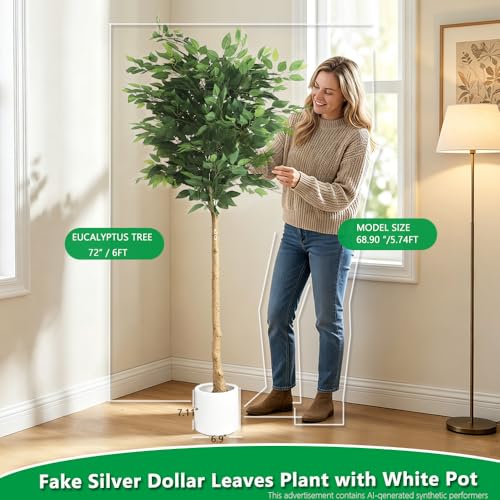 Artificial Ficus Tree, 6Ft | White pot, adjustable realistic branches and leaves, indoor outdoor home decoration - color: Ficus
