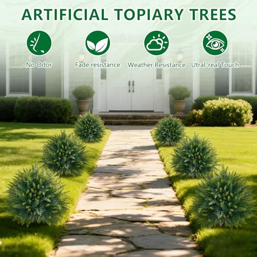 Artificial Cedar Topiary Trees with Ground Spike, 2 Pieces Fake Pine Shrubs Bushes, UV Resistant Faux Evergreen Cypress Tree Plants for Indoor Outdoor Planters Front Porch - color: Cedar Ball
