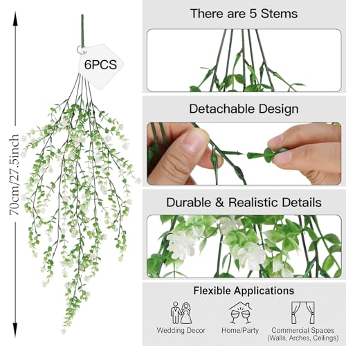 Artificial Hanging Eucalyptus Flowers for Outdoors 6PCs White Faux Hanging Vines Plants UV Resistant Fake Ferns Plants for Outdoors Home Porch Patio Garden Front Porch Summer Decor(White) - color: White