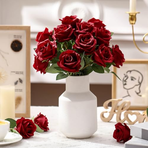 Thiccywoov 30 Pcs Rose Artificial Flowers in Bulk Lifelike Long Stem Silk Roses Bouquets Realistic Faux Flowers for Wedding Bridal Shower Home Decor Floral Arrangements Table Centerpiece(Burgundy) - color: Burgundy