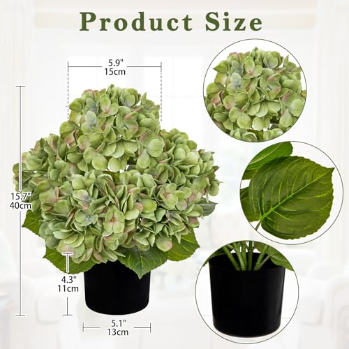Hollyone Green Hydrangea Artificial Flowers in Pots 15.7" Five-Head Faux Silk Hydranges Flower Arrangements for Indoor Home Office Kitchen Table Centerpieces Wedding Decorations - color: Green, size: 5 Head Hydrangea
