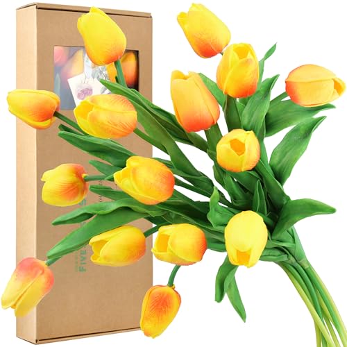 FiveSeasonStuff Real Touch Tulips Artificial Flowers – 15 Stems Faux Tulip Bouquet in Gift Box for Wedding, Home Decor, Party, Floral Arrangements (Sunset Orange) - color: #11 Sunset Orange