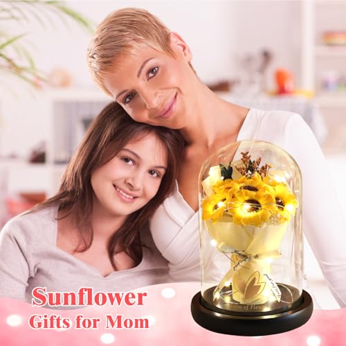 Rose Gift for Mom, Sunflower Gift for Mom-Preserved Artificial Rose Flower Gifts for Women Friends Sunflower Gifts for Wife,Light Up Rose in Glass Dome-Thankgiving Birthday Valentine Anniversary - color: Yellow