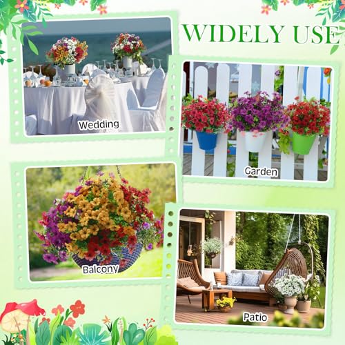 Thiccywoov 60 Pcs Artificial Outdoor Flowers UV Resistant Faux Plastic Plants Bulk Mixed Lavender Baby's Breath Eucalyptus Daisy Greenery Stems for Garden Patio Porch Window Box Home Wedding Decor