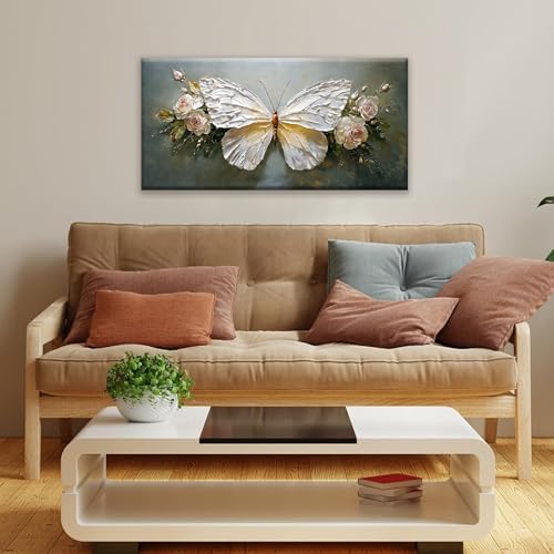 Modern Abstract Artwork White Simple Butterfly And Rose Wall Art Decor Canvas Prints Art Work For Wall Decor For Bedroom Living Room Apartment Kitchen Bathroom Office 20x40 Inch - color: White, size: 40"L x 20"W