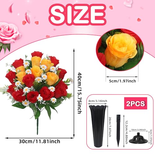Wocst Artificial Cemetery Flowers for Grave Memorial Day Flowers for Cemetery,2Pack Artificial Silk Roses Daisy Bouquets with Cemetery Vases for Outdoor Grave Decorations ﻿ (Red Yellow) - color: Red Yellow