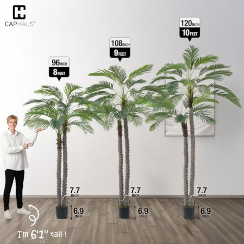 CAPHAUS 9FT Artificial Phoenix Palm Tree, Double Stem Faux Palm with Black Pot, Realistic Fake Plant for Indoor Outdoor Home Office Patio Décor, Low Maintenance Large Artificial Palm Tree - size: 9ft