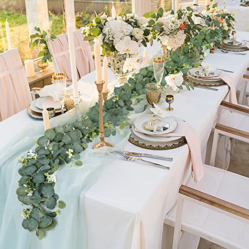 TOCHGREEN 2 PCS Artificial Eucalyptus Garland 5.9FT Faux Silver Dollar Greenery Garland Vines with White Flower Boxwood Fake Hanging Plants for Wedding Home Party Table Mantle Wall Decor - color: 2pcs