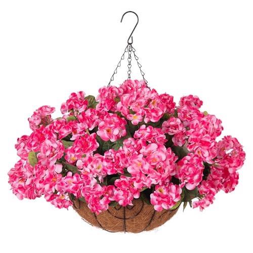 INSPRING Geraniums Artificial Flowers Hanging Basket for Outdoors Outside Spring Decoration, 8 Bundles Silk Flowers Fake Plants Look Real UV Resistant for Porch Home Patio Balcony Yard, Pink - color: Pink