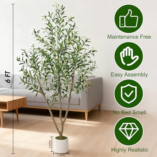 Timoo Faux Olive Tree 6FT Tall Olive Trees Artificial Indoor with White Planter, Artificial Plants Indoor Faux Tree with Realistic Leaves and Lifelike Fruits, Fake Plant for Home Office Decor - size: 6 FT