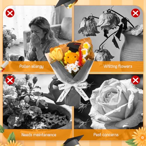 2026 Graduation Crochet Flowers Bouquet Gifts Class of 2026 Graduation Gift for Her Sunflower Mortarboard with Greeting Cards Bag Handmade Knitted Artificial Flowers for Grad(Grey) - color: Grey