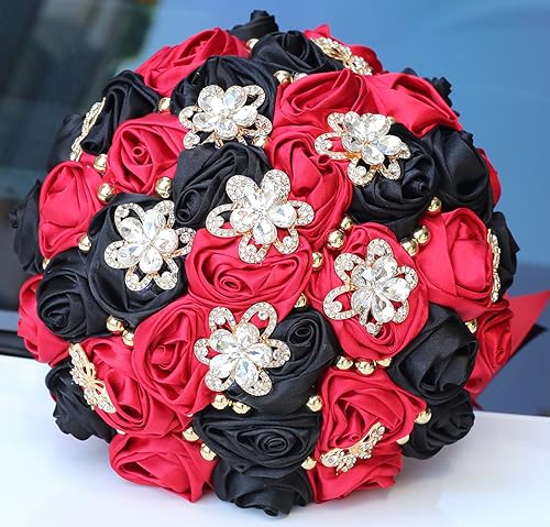 Sharebeauty 9.4" Handmade Satin Rose Bridal Bouquet Toss Round Wedding Bouquet Throw Toss Artificial Flower Bunch Ruby Red + Black - color: 809a Ruby Red/Black, size: 9.4"/24cm