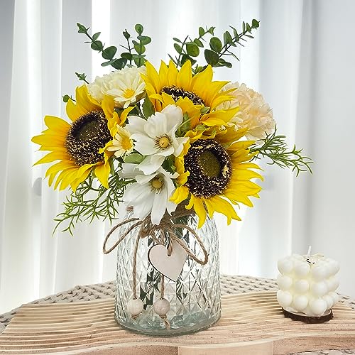Fake Flowers in Vase,Artificial Sunflower Bouquets in Vase with a Flower Arrangement Holder,Table Centerpieces for Dining Room,Flower Centerpieces for Tables,Faux Flowers for Coffee Table Decor - color: Yellow