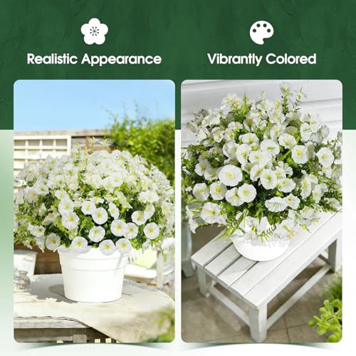 Artificial Morning Glory UV Resistant 36 pcs White Spring Artificial Flowers Outdoors, Realistic Faux Silk Morning Glory Fake Morning Glory Plants for Garden Porch Planters Window Wedding Decor - color: White（with Green Ferns）, size: 36 pcs