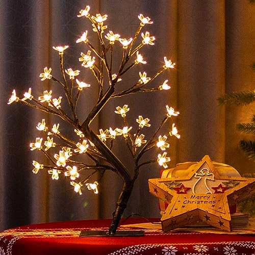 PEIDUO 17.5 Inch Lighted Cherry Blossom Tree, 48 Warm White Lights Plug in Adapter, Light up Bonsai Tree for Christmas Indoor Home Bedroom Living Room, Tabletop Decor Night Light Artificial Tree - style: Cherry Blossom Tree