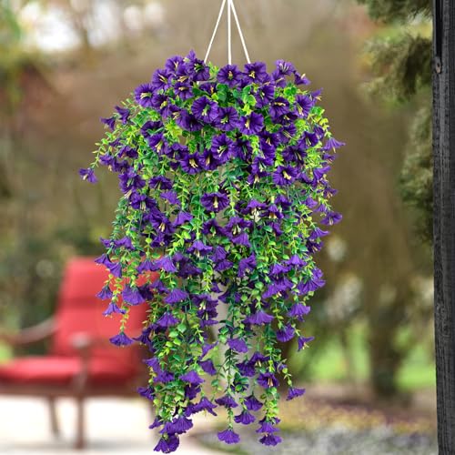 4 Pack Artificial Faux Hanging Flowers Plant for Outdoor, Fake Silk Morning Glory with Eucalyptus UV Resistant Realistic Trailing Vine for Wall Home Porch Patio Balcony Yard Indoor Decor, Purple - color: Purple