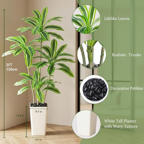 Artificial Yellow Dracaena Tree, 5FT Artificial Plants Indoor with White Tall Planter, Faux Yucca Silk Tree Fake Tropical Floor Plant in Pot, Fake Plants for Home Room Office Entryway Porch Decor - color: White-yellowleaf, size: 5FT