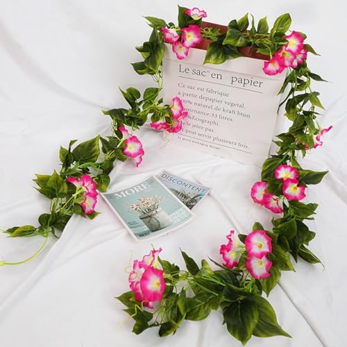 Artificial Morning Glory Flower Vines, Fake Hanging Plants Green Vine Silk Garland Flowers Faux Greenery Plastic Plant for Indoor Outdoor Garden Wall Fence Stairway Wedding Home Decor Pink 2 Pack - color: Morning Glory Vines - Pink 2 Pcs